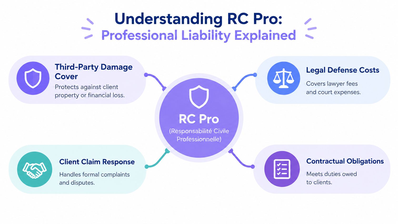 A diagram explaining professional liability insurance known as RC Pro, highlighting four core coverage areas.