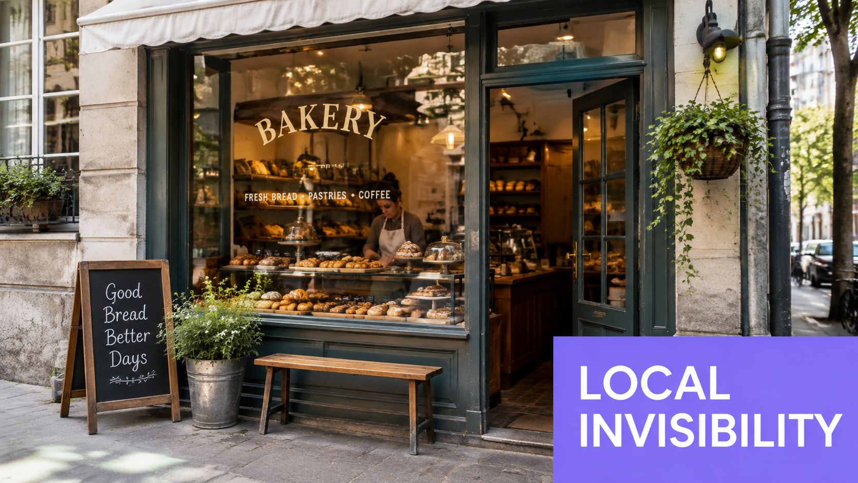A cozy neighborhood bakery shop with an open door, wooden bench, and fresh pastries on display.