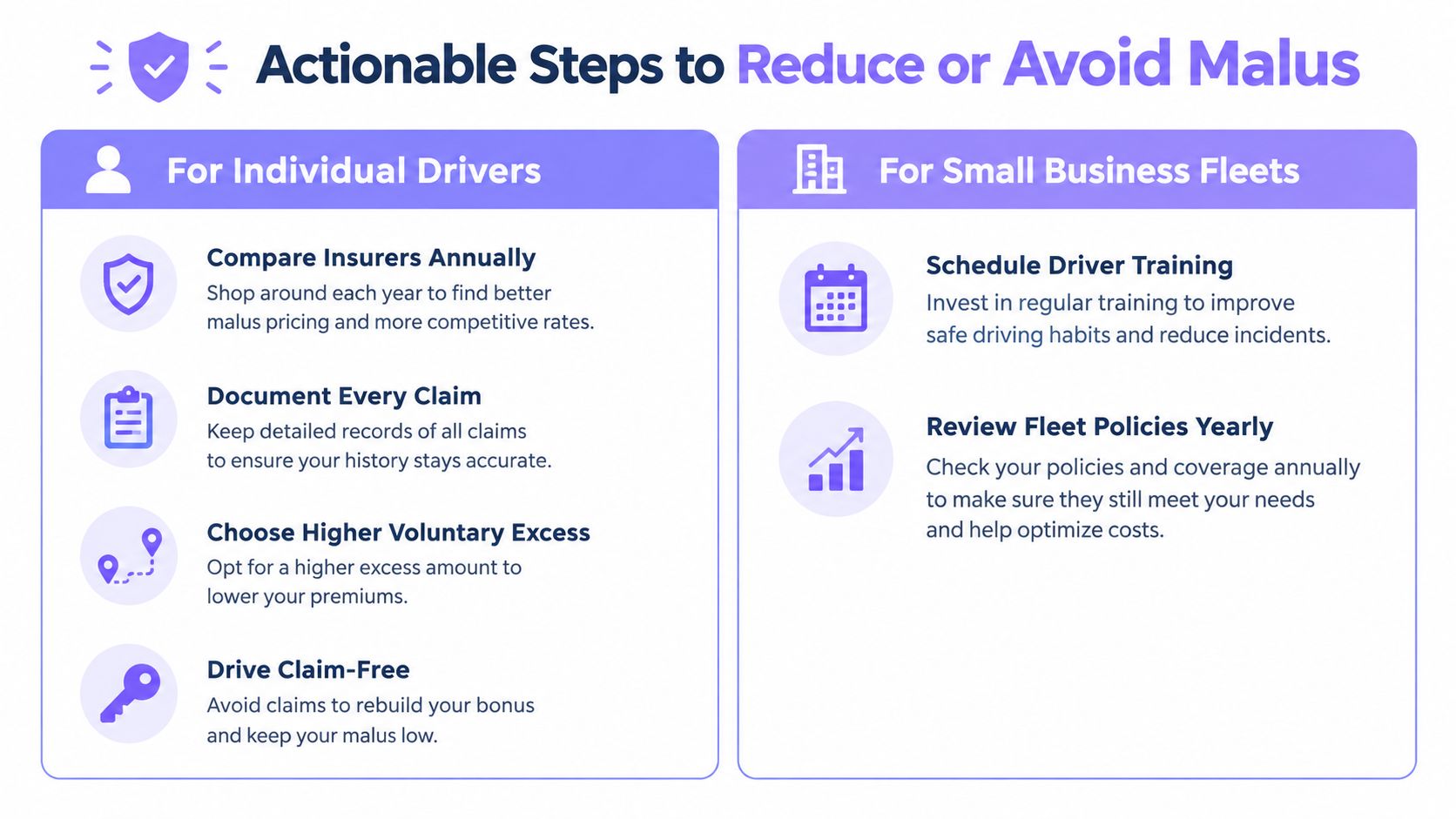 An infographic titled Actionable Steps to Reduce or Avoid Malus, listing tips for individual drivers and businesses.
