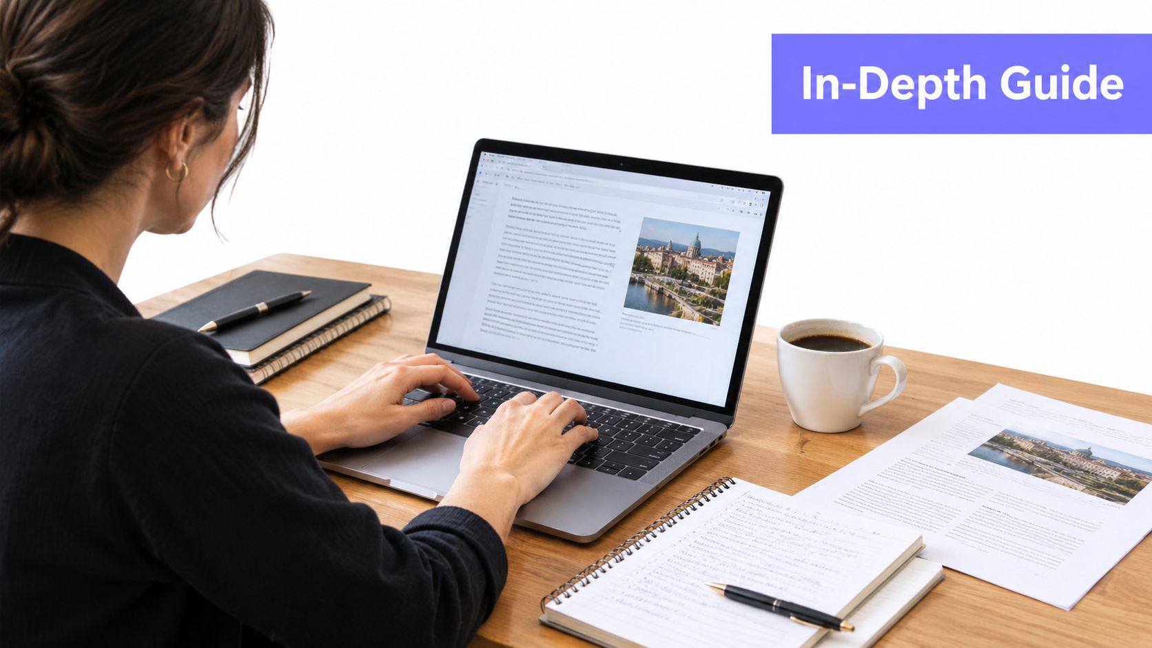 A woman working on a laptop at a desk with notebooks, a coffee mug, and documents.