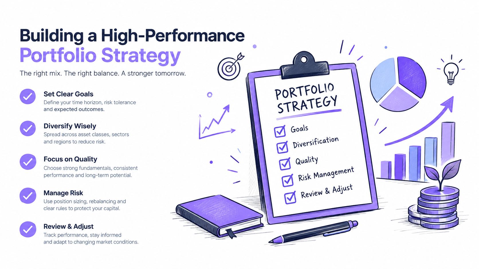 A hand-drawn illustration outlining the five key steps for building a high-performance investment portfolio strategy.