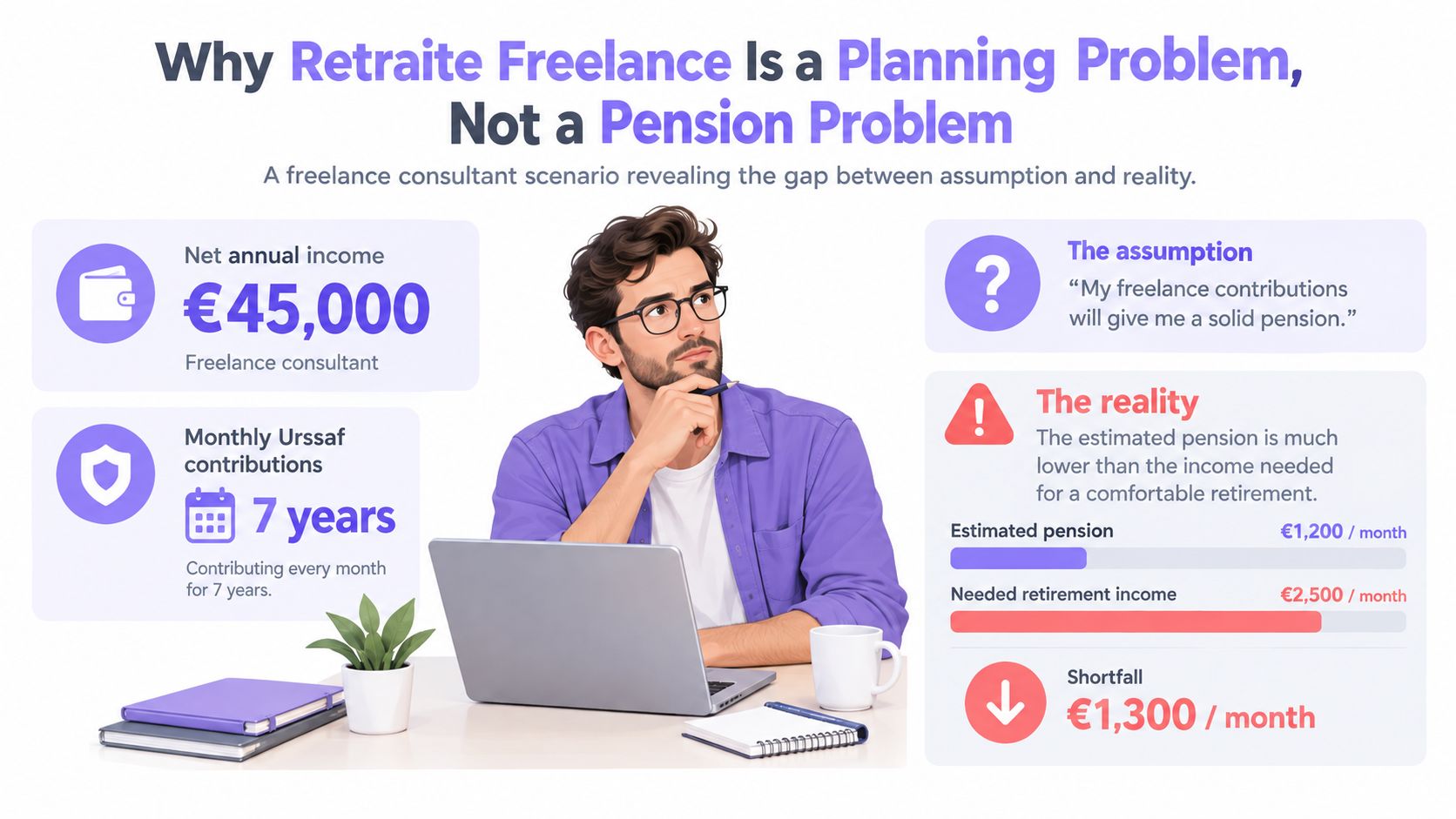 A professional freelancer thinking about their financial future and the gap in retirement pension planning.