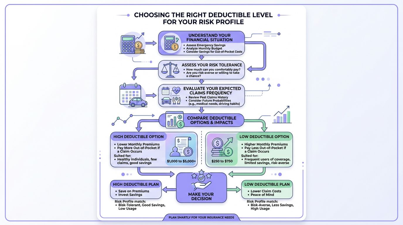 A flowchart infographic illustrating how to choose the right insurance deductible level based on financial and risk profiles.