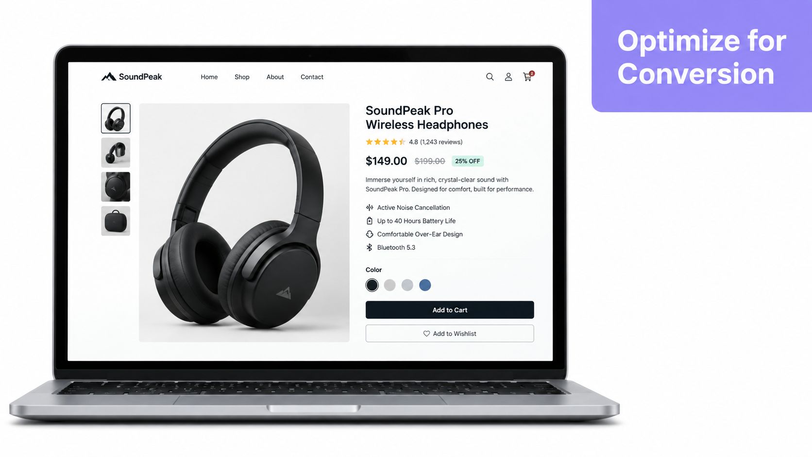 A laptop screen displaying a high-converting product page for SoundPeak Pro wireless headphones with purchase options.