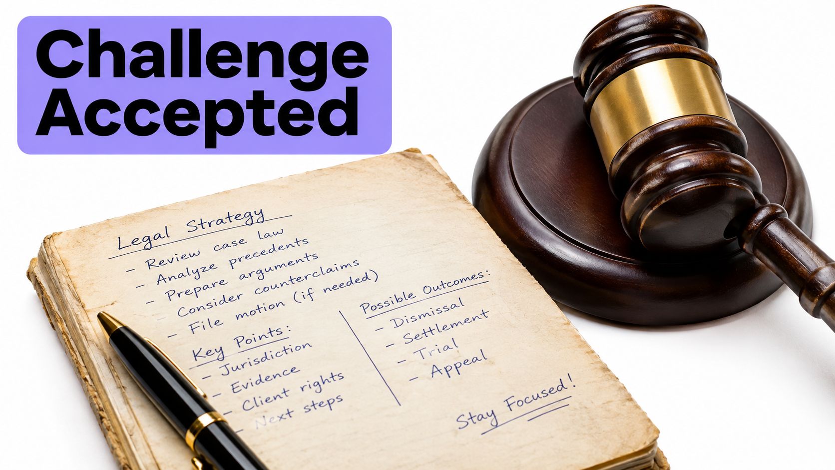 A wooden gavel and a pen resting on a notepad with legal strategy notes.