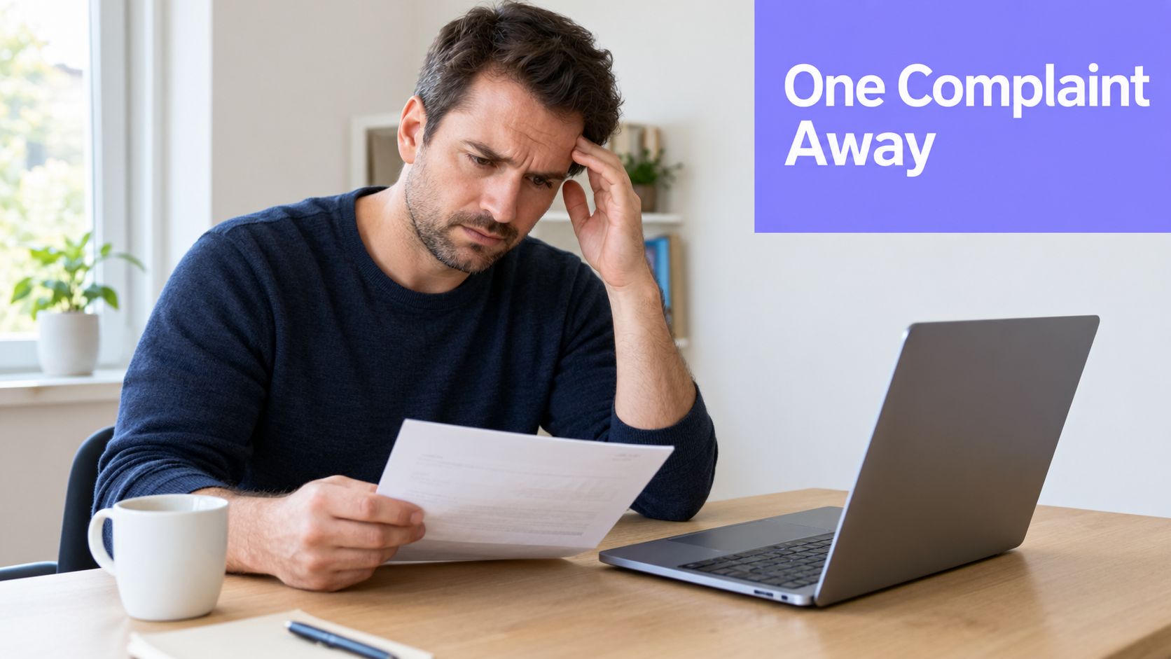 A concerned man sitting at his desk, looking at a document while working on his laptop computer.