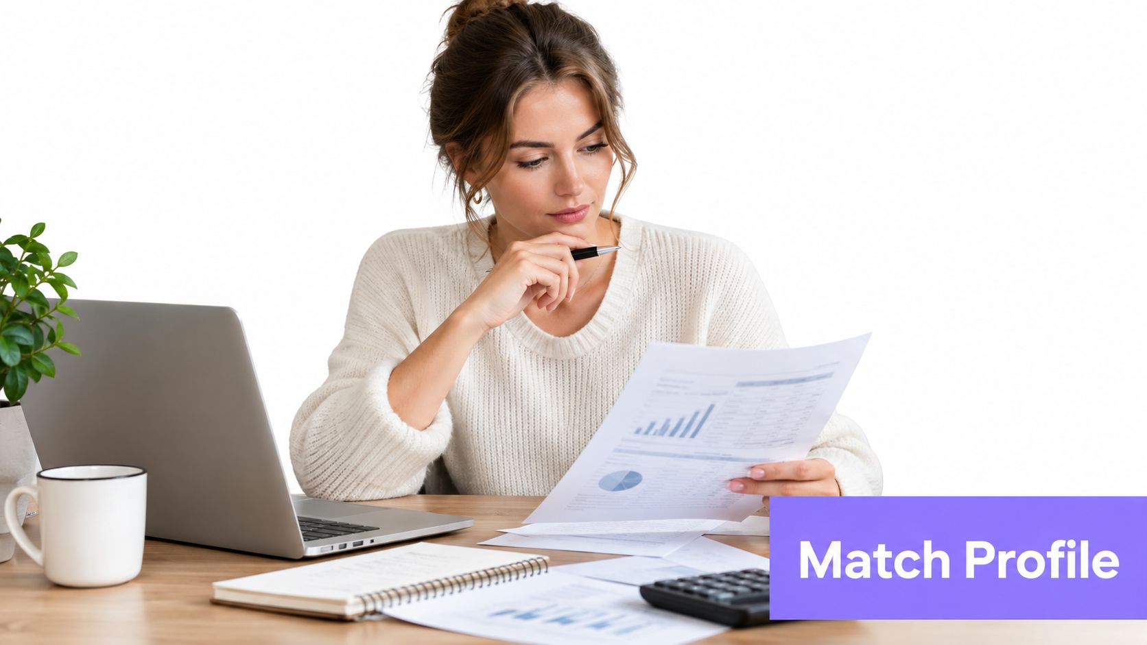 A woman analyzing financial documents and charts while working at her desk with a laptop.