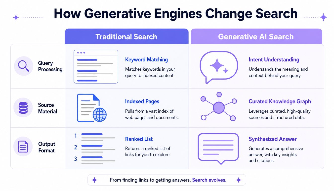 A comparison chart showing how traditional search engines differ from generative AI search engines in query, source, and output.