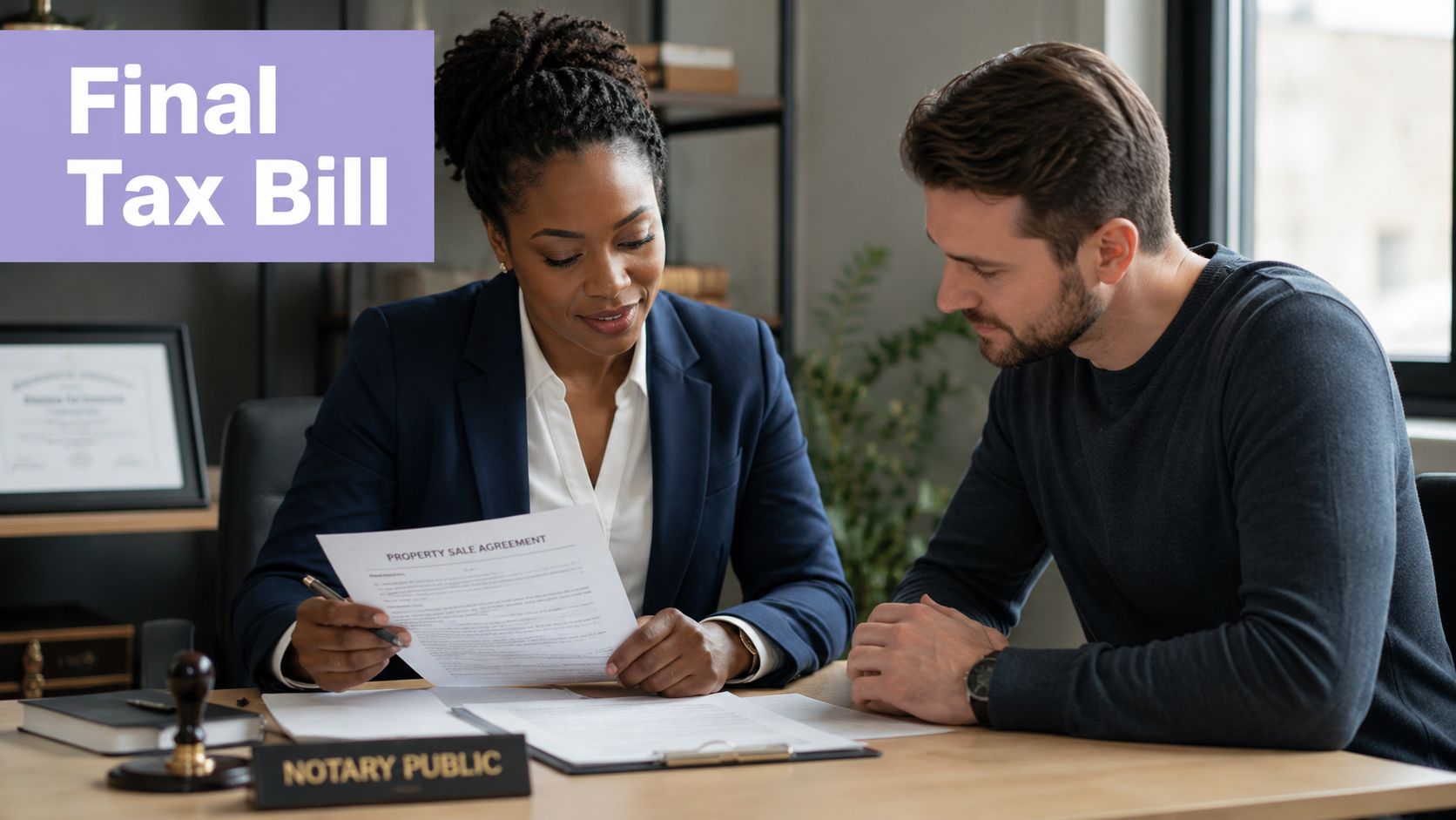 A professional notary woman reviewing a property sale agreement with a man in her office.