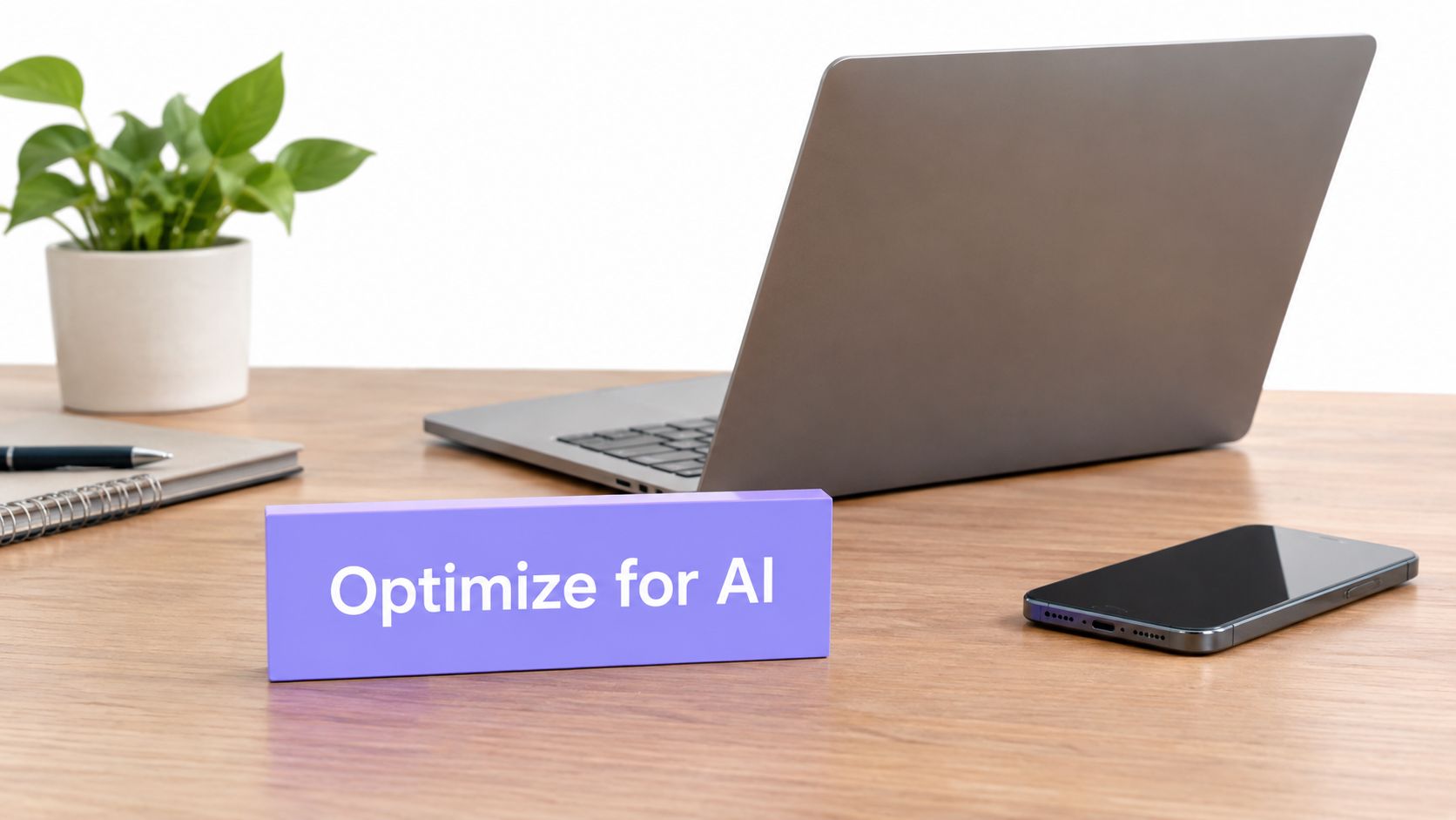 A modern desk with a laptop, smartphone, and a small sign that reads 'Optimize for AI'.