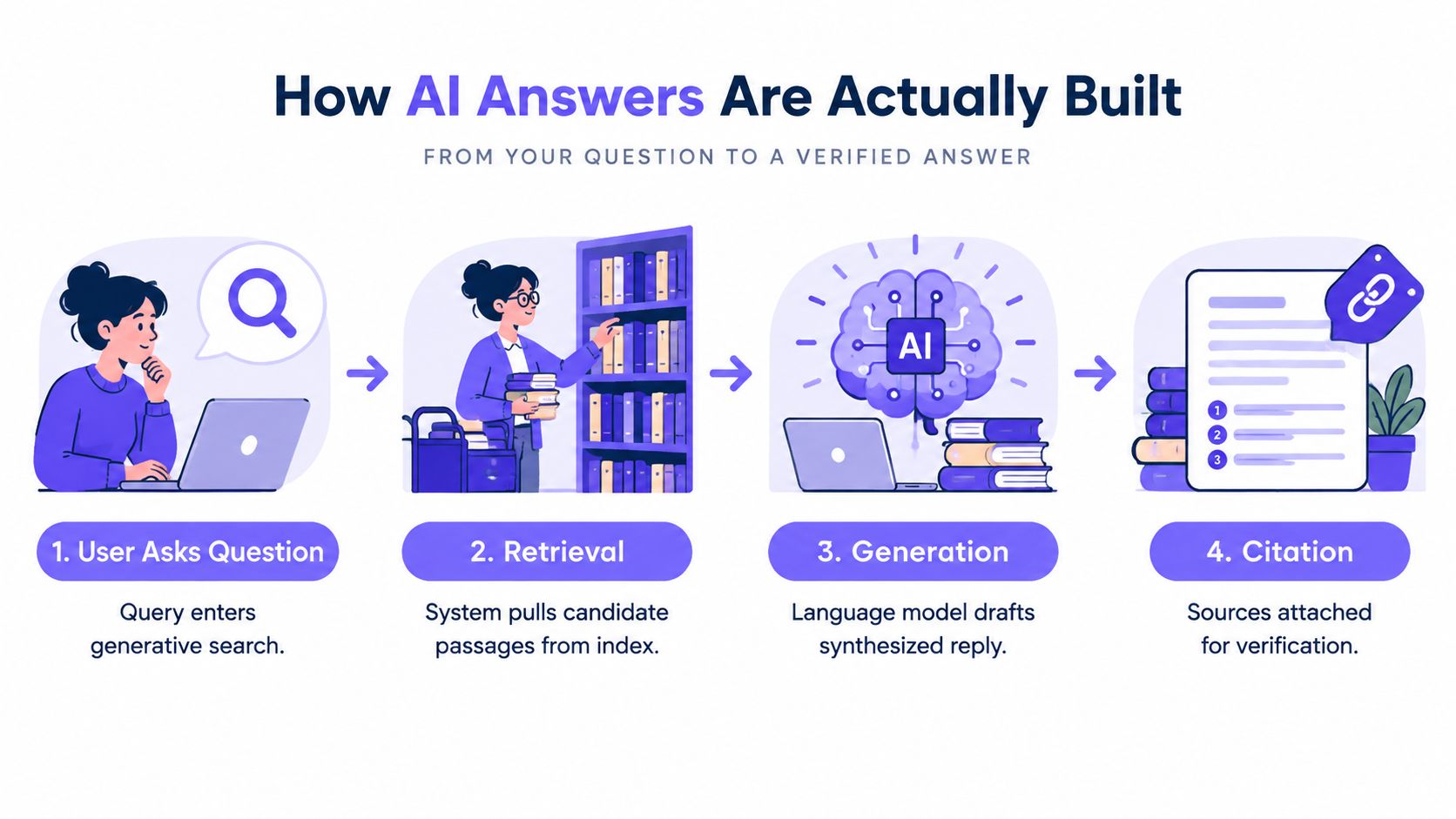 A four-step infographic illustrating how AI generates and cites answers using a retrieval-augmented generation process.