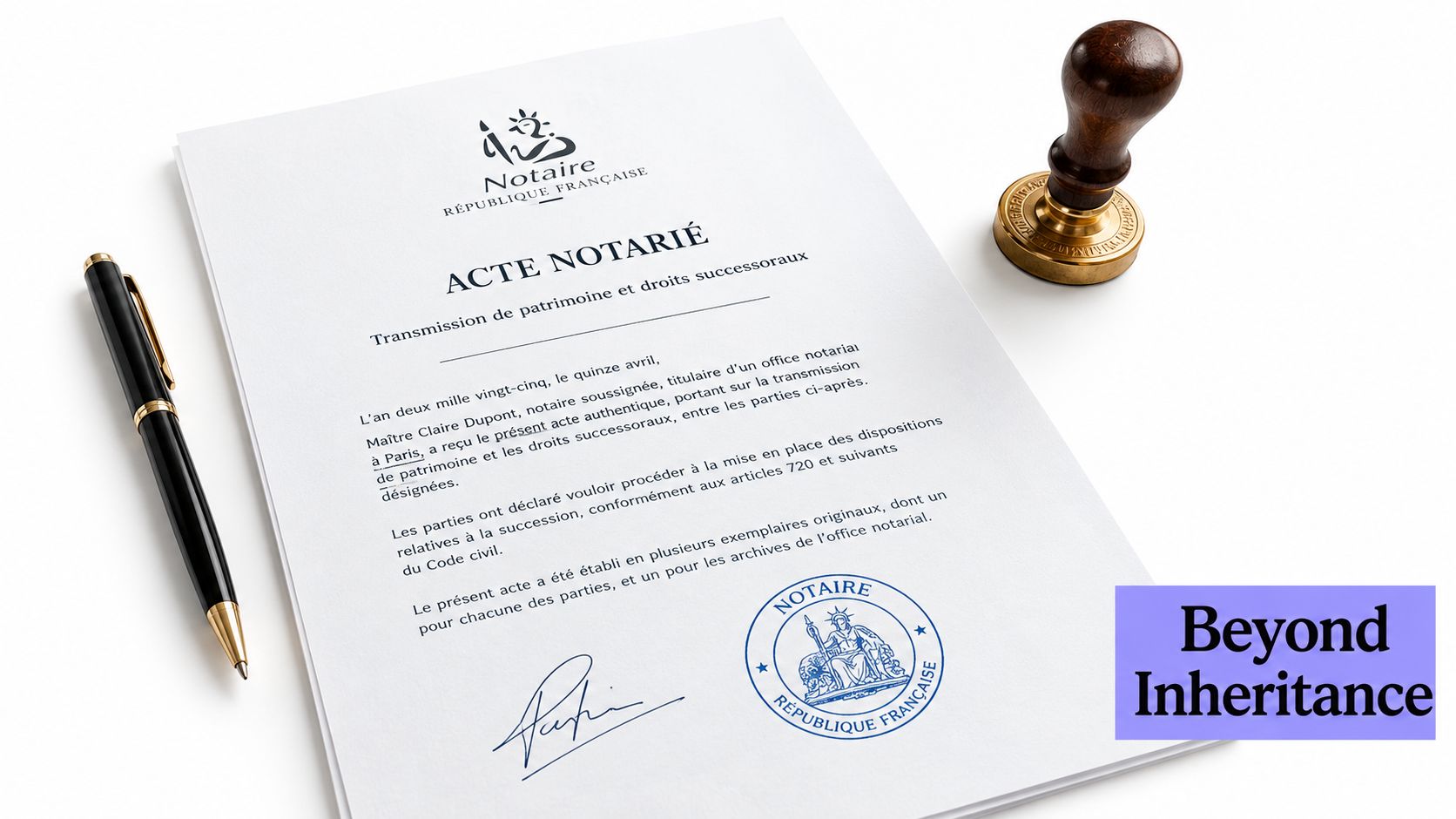 A professional French notary document for inheritance transmission, accompanied by a luxury pen and an official seal.