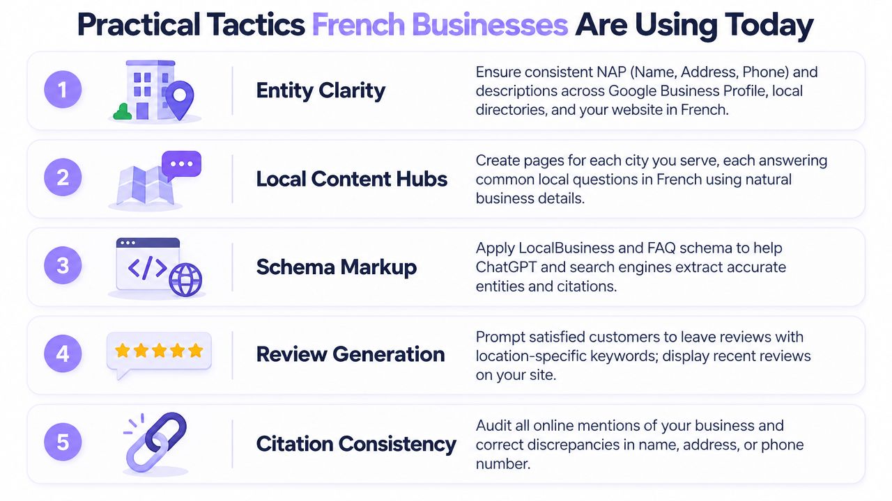 A list of five practical SEO tactics used by French businesses to improve local search engine visibility.