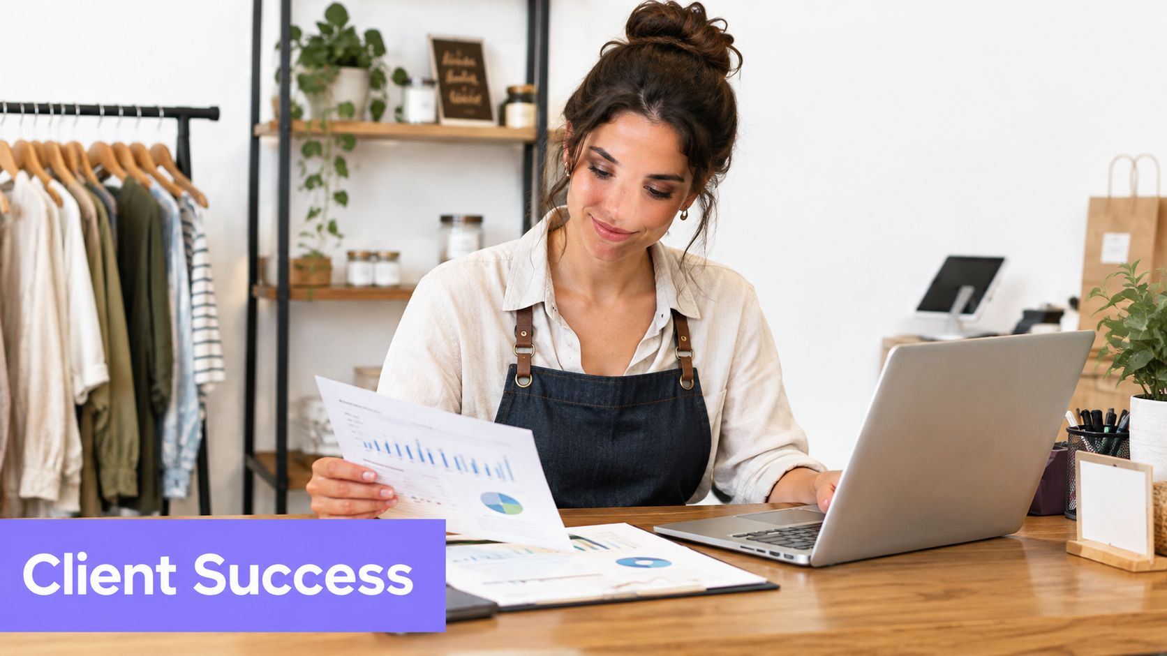 A woman shop owner wearing an apron reviews business performance reports on paper while sitting at a desk.