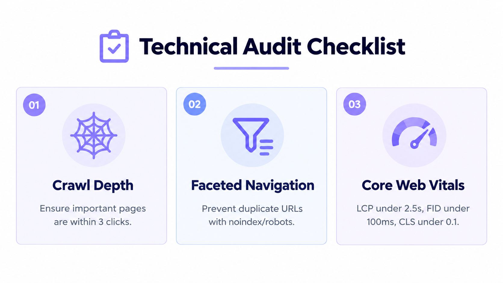 A technical audit checklist infographic showcasing key steps for SEO, including crawl depth, faceted navigation, and web vitals.