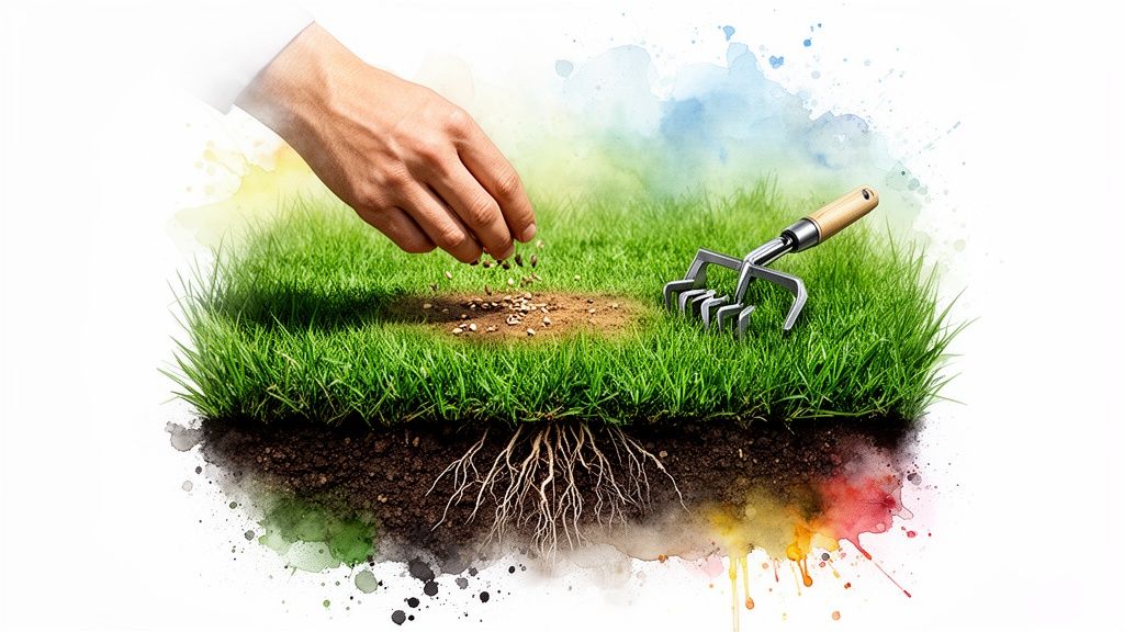 A hand sows seeds onto a bare patch in green grass, revealing soil and roots below, with a small rake nearby.