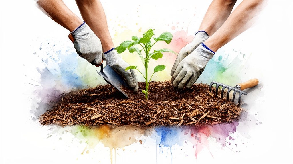 Two people wearing gloves planting a small green plant in a garden bed with mulch and tools.