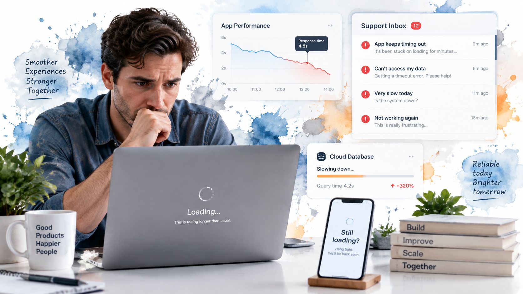 A concerned developer looks at his laptop with loading screens and data showing critical cloud database performance issues.