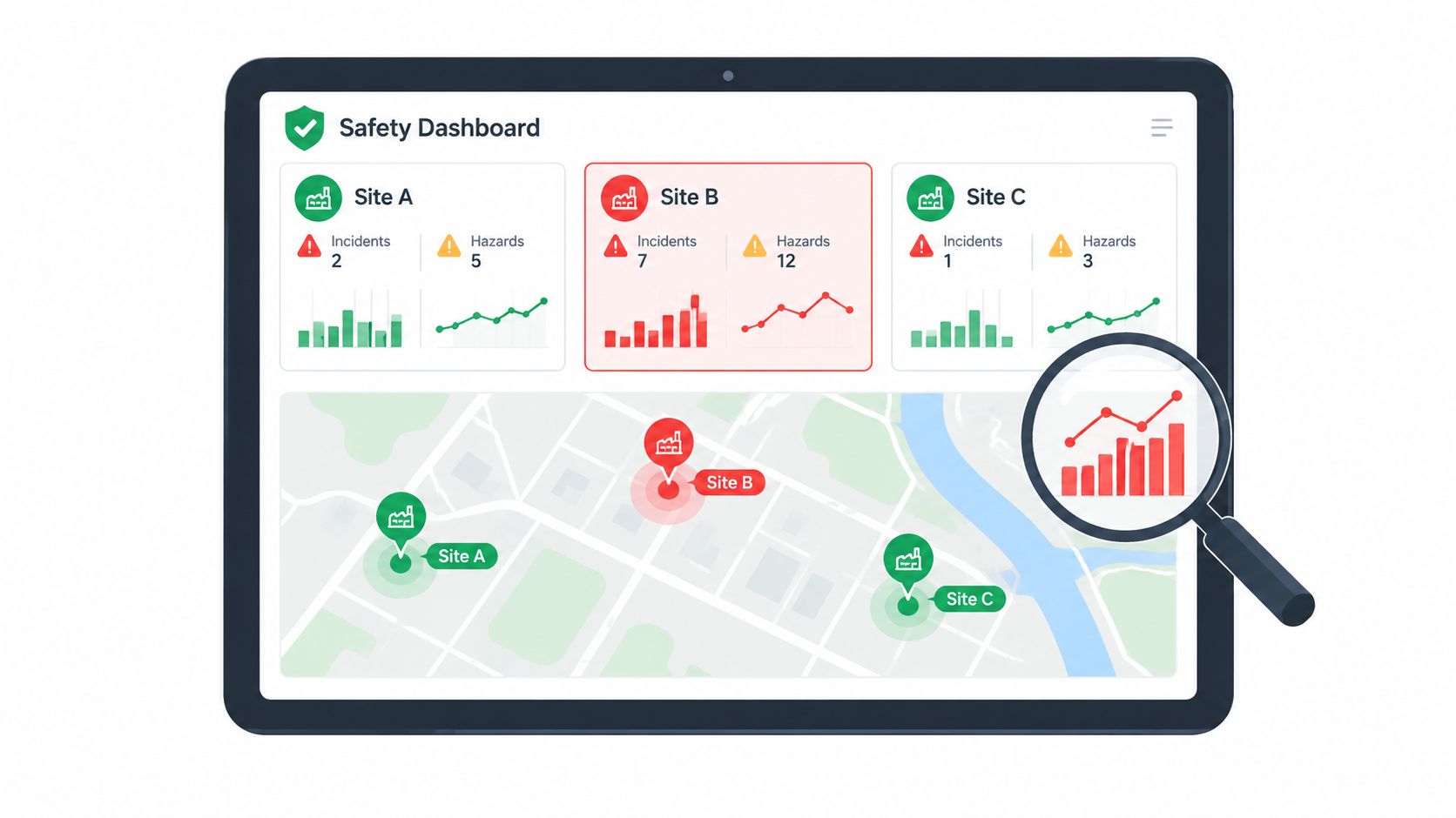 A digital tablet displaying a safety dashboard with incident reports and hazard levels for three different factory sites.
