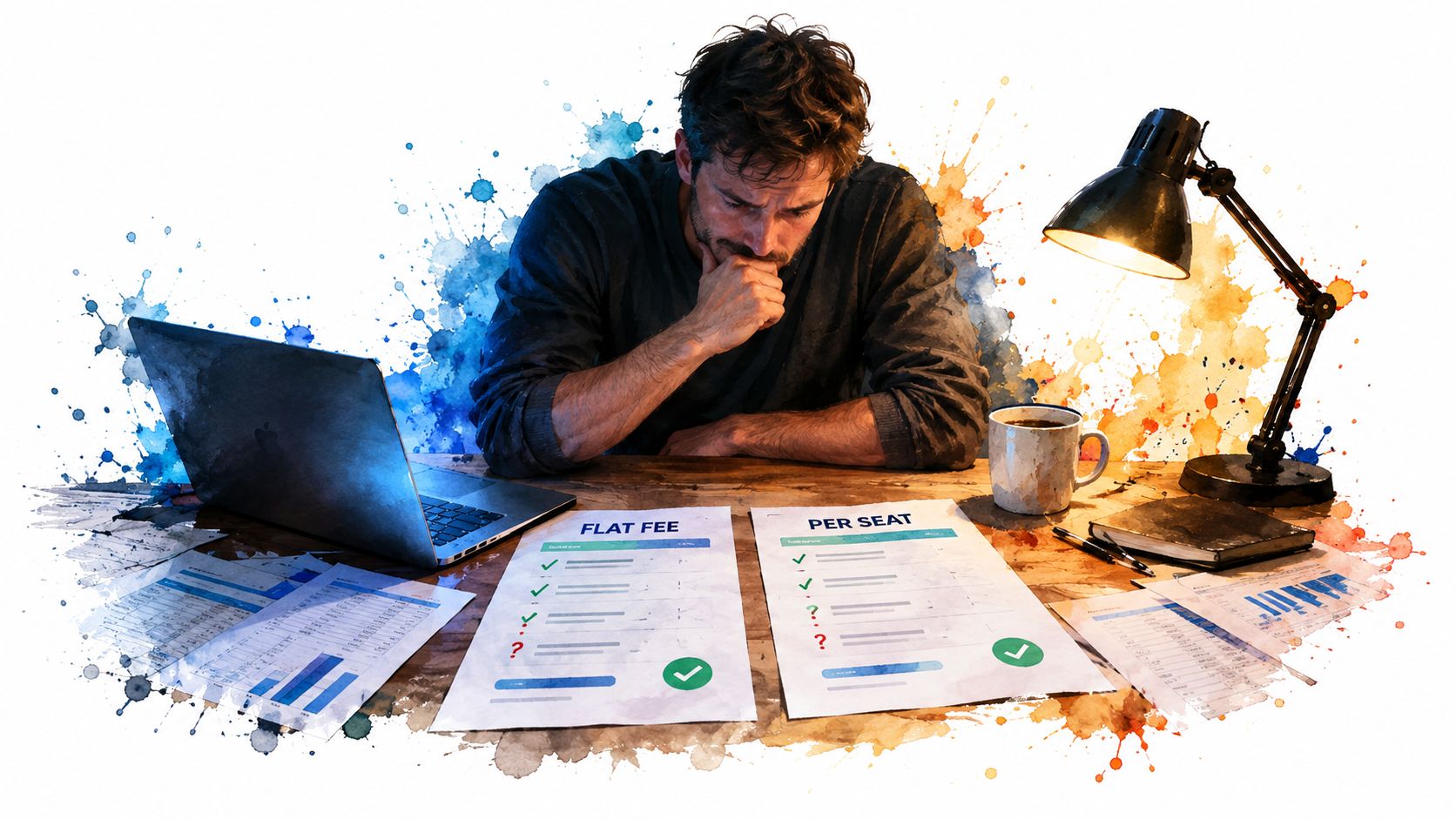 A contemplative man sitting at a desk comparing flat fee and per seat SaaS pricing models documents.