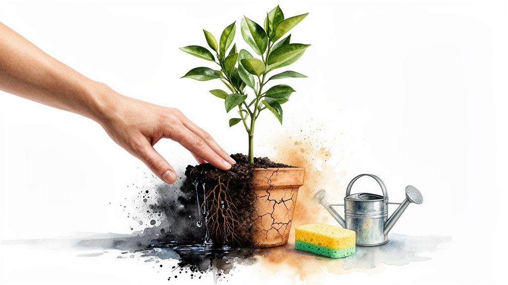 A hand nurtures a small plant in a pot, half in healthy soil, half in dry, cracked earth.
