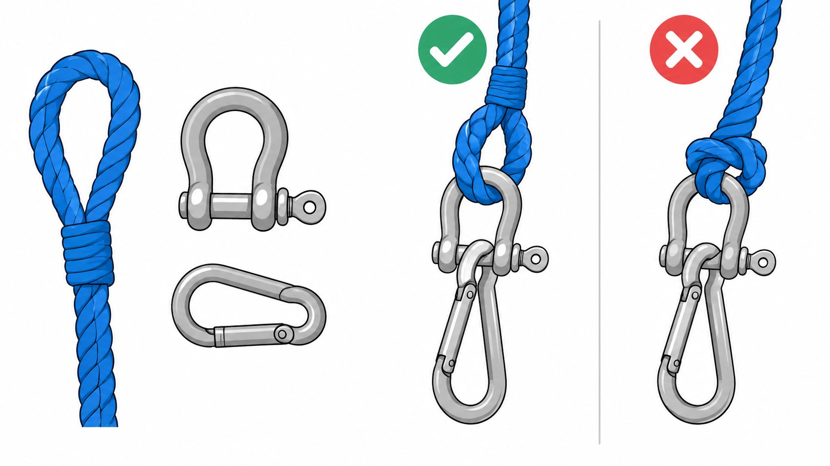 An illustration showing the correct and incorrect ways to attach a rope to a metal shackle hook.
