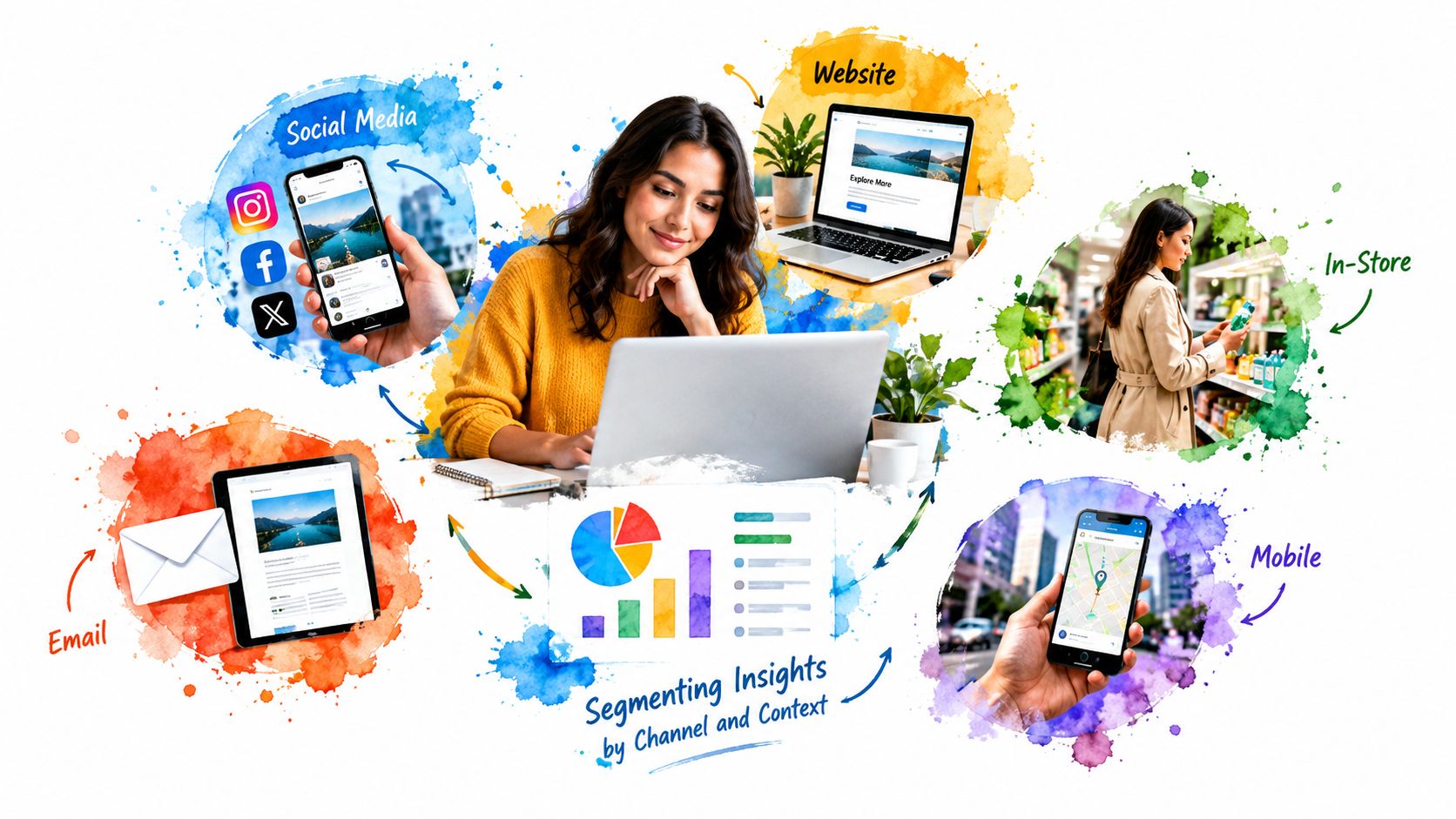 A woman working on a laptop surrounded by digital icons representing omnichannel marketing and customer data analysis.