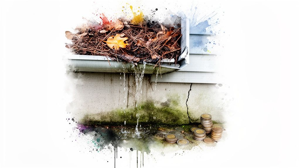 A clogged rain gutter overflowing water onto a building's foundation, showing damage and money loss.
