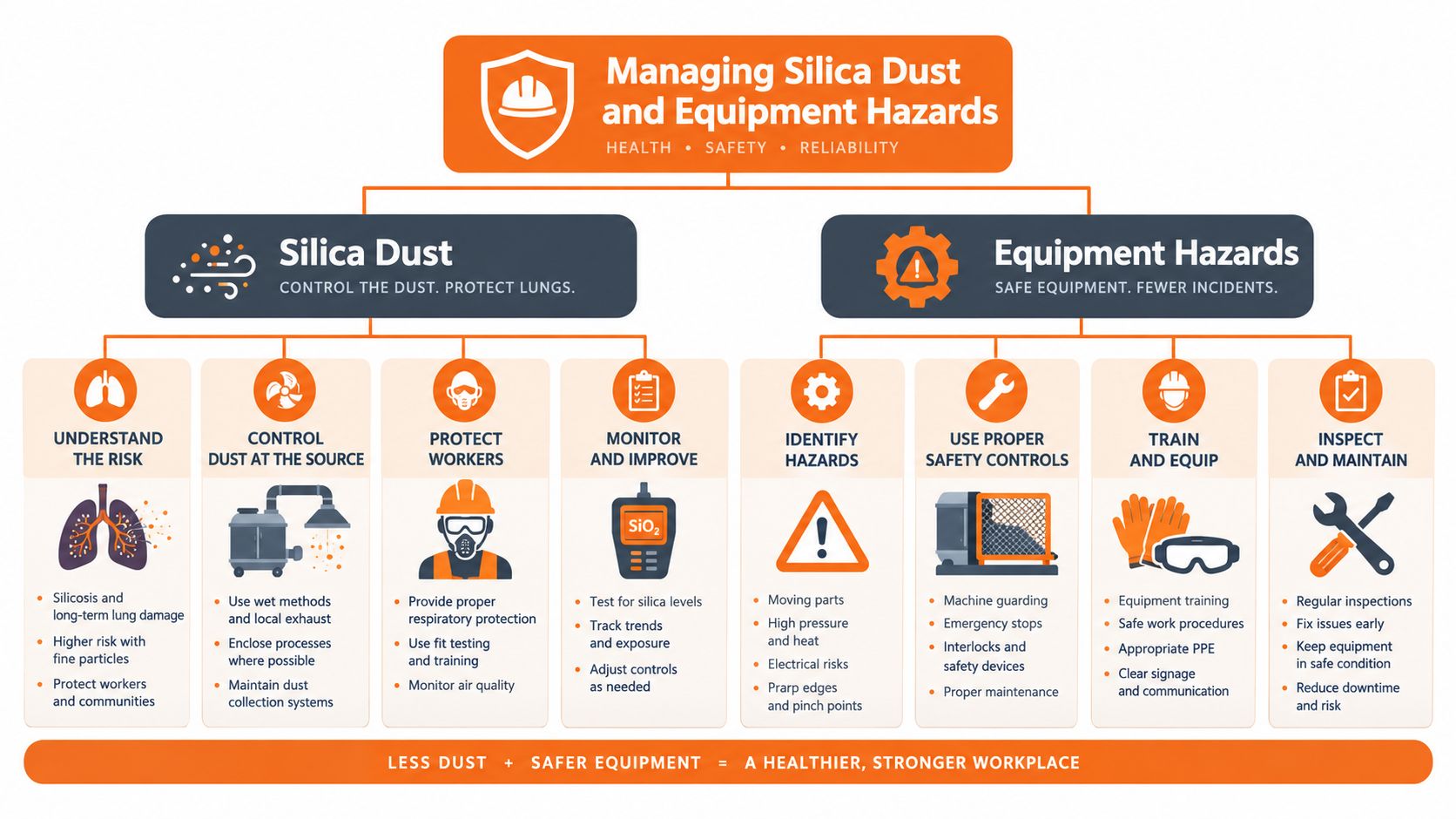 An infographic showing workplace safety strategies for managing silica dust and equipment hazards in industrial settings.