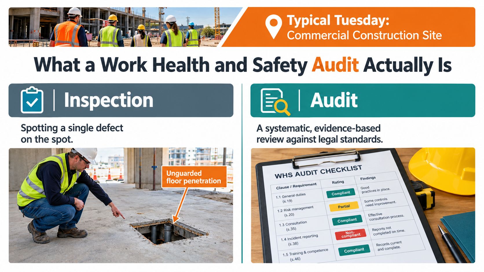 A split-screen infographic comparing a physical construction site safety inspection to a formal WHS documentation audit.