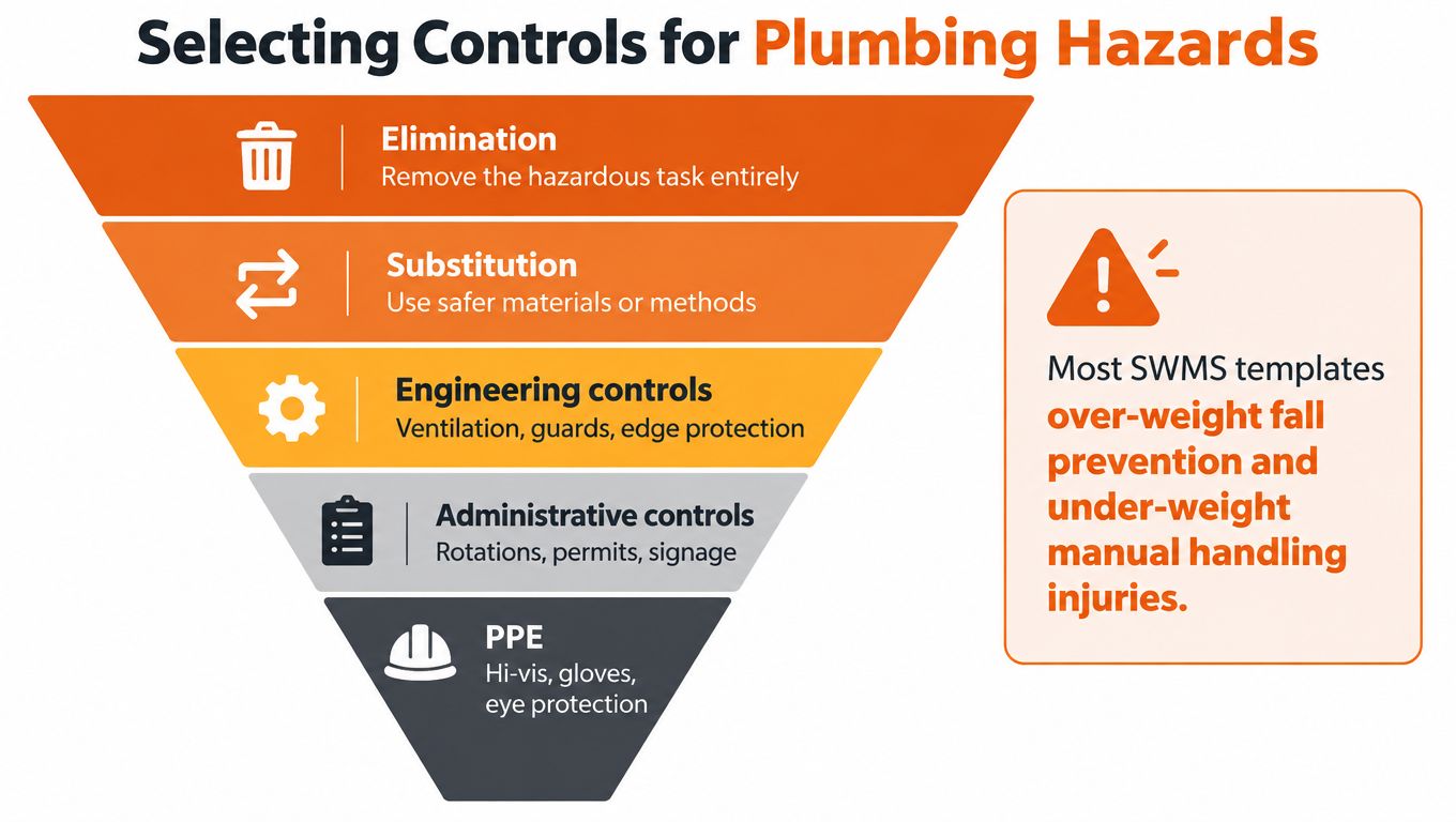 A hierarchical diagram showing the five levels of controls for reducing plumbing hazards, from elimination to PPE.