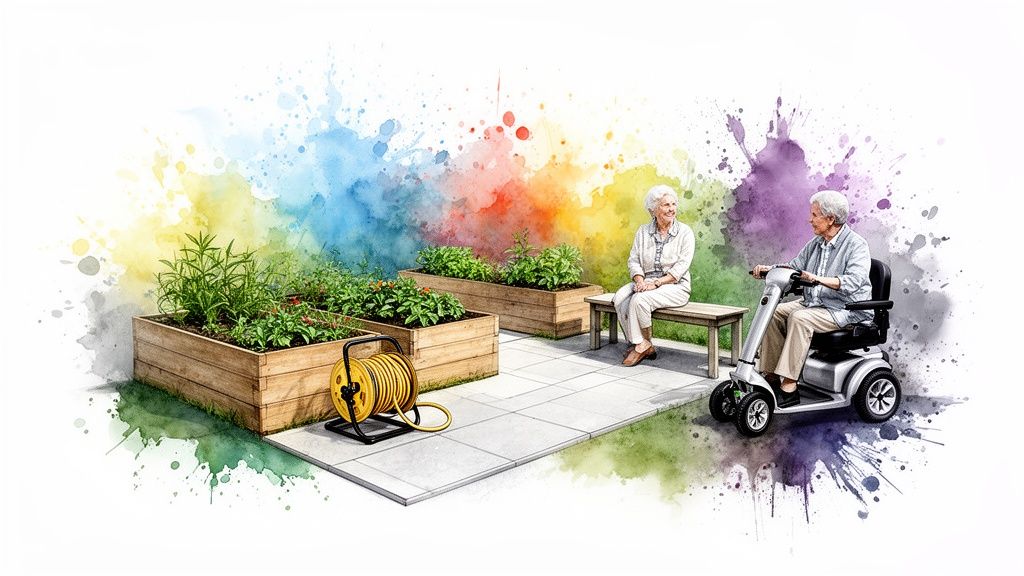 Two senior women enjoying an accessible garden with raised beds and a mobility scooter, surrounded by colorful watercolor splashes.