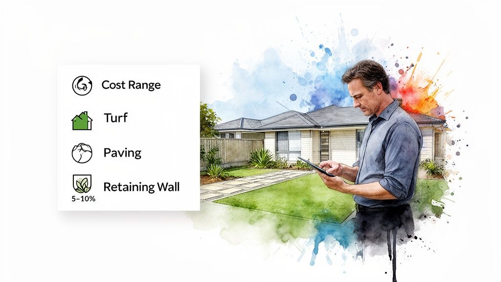 A man using a tablet to calculate landscaping costs for a house with a green lawn and paved pathway.