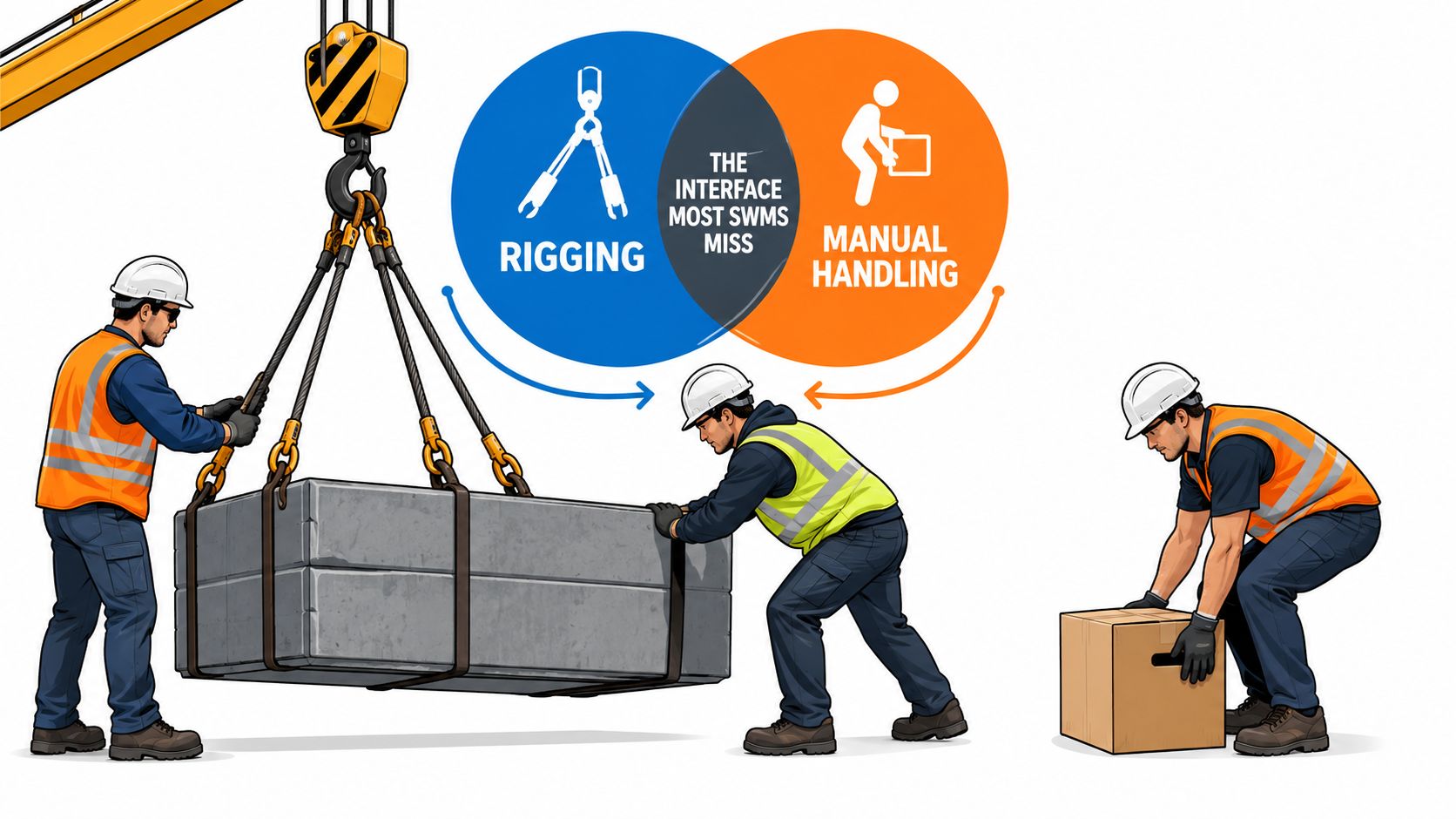 A safety illustration highlighting the intersection of rigging and manual handling in work safety procedures.