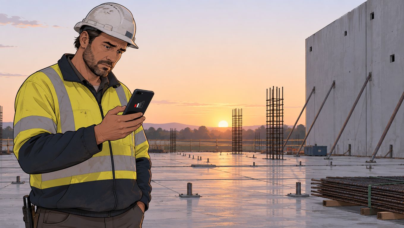 A construction worker in a safety vest and hard hat using a mobile app at sunset.