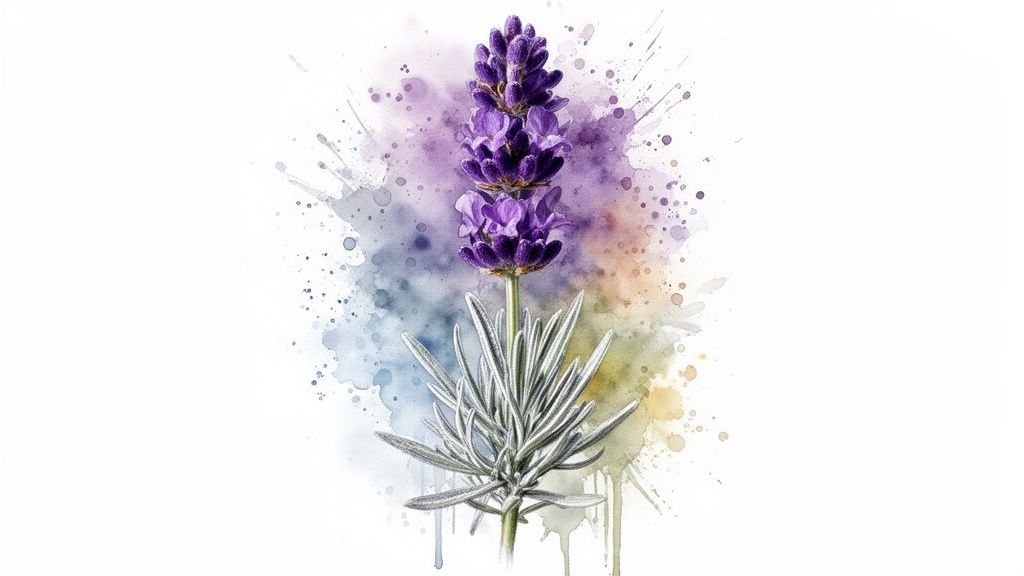 A stunning watercolor illustration of a purple lavender flower with silver leaves on a white background.