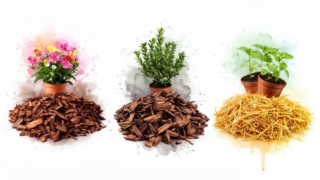 Three piles of garden mulch – two wood chips and one straw – with various potted plants on top, against watercolor backgrounds.
