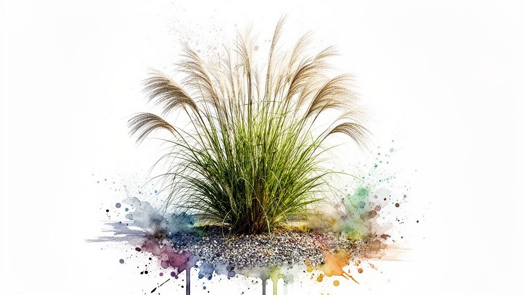 A vibrant ornamental grass with feathery plumes in a watercolor splash art style on white.