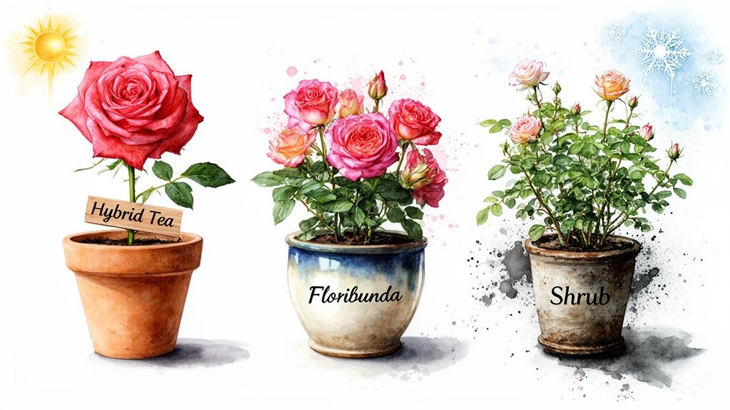 Watercolor illustration of three potted roses: Hybrid Tea, Floribunda, and Shrub varieties.
