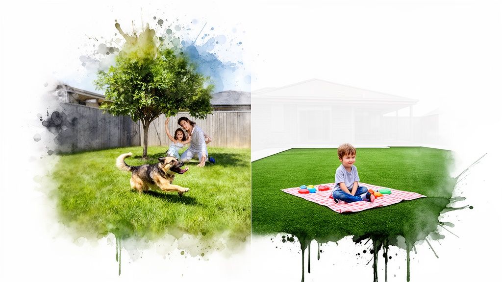 Split image comparing natural grass with a family and dog, and artificial turf with a child.