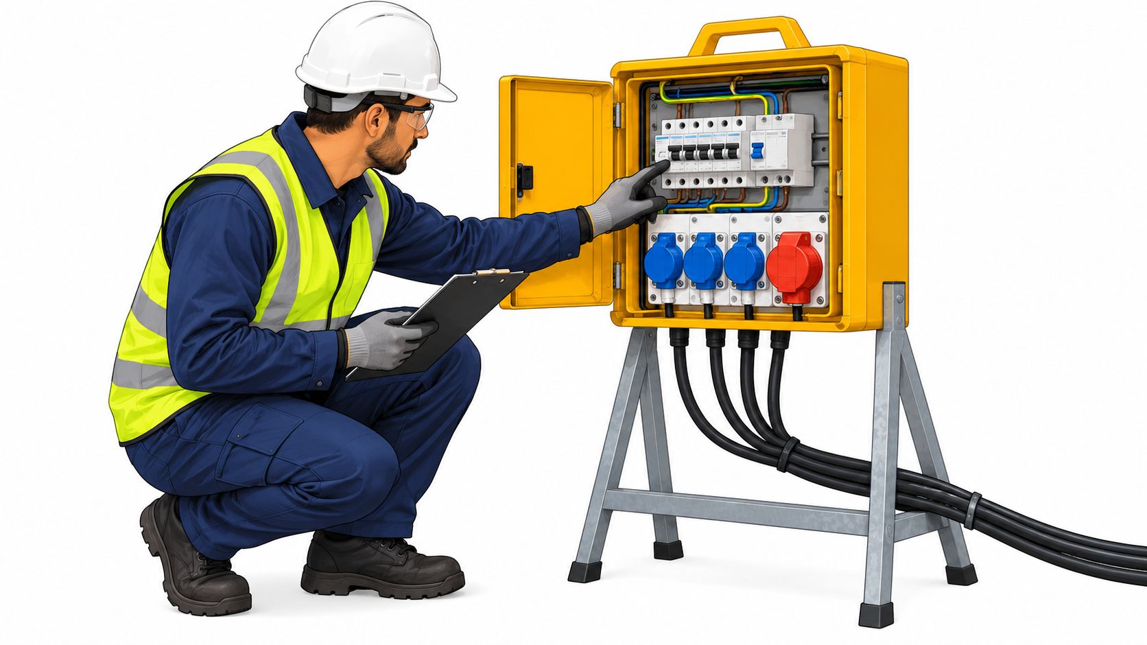 A professional electrician in safety gear inspecting a yellow portable power distribution board on a site.