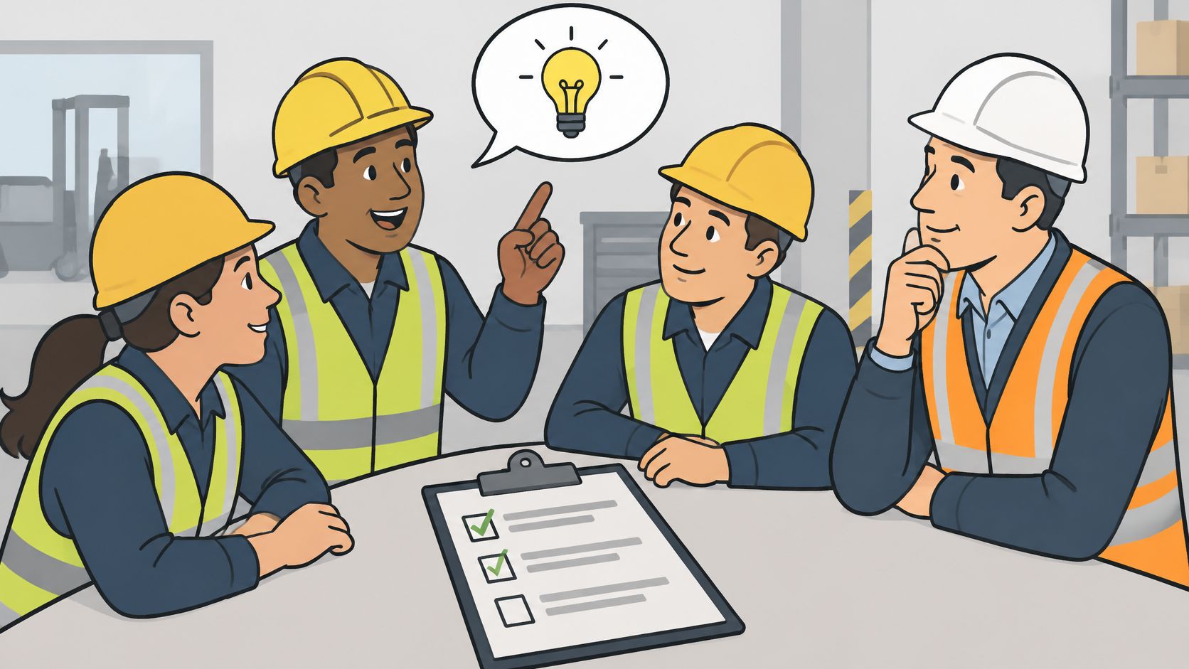 A diverse team of warehouse workers reviewing an ISO 45001 safety checklist during a meeting.
