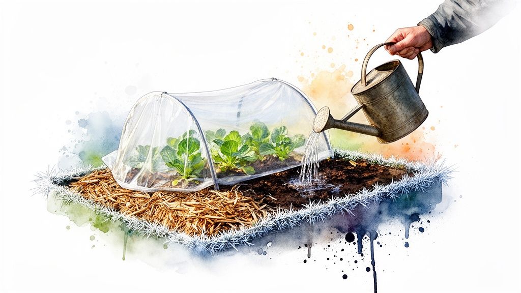 A hand waters young green plants growing under a clear cloche in a mulched raised garden bed.