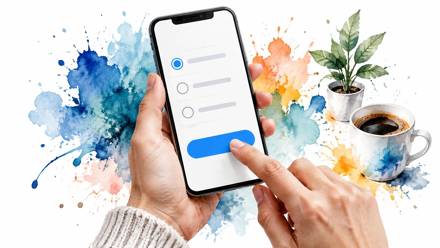 A person holding a smartphone and tapping on a digital survey form screen with colorful watercolor background.