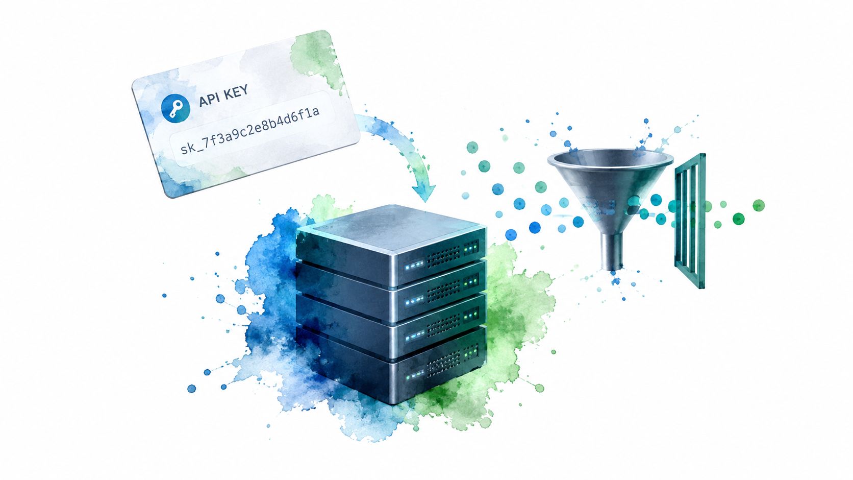 A conceptual illustration of a secure server processing data requests using an API key and filtering mechanism.
