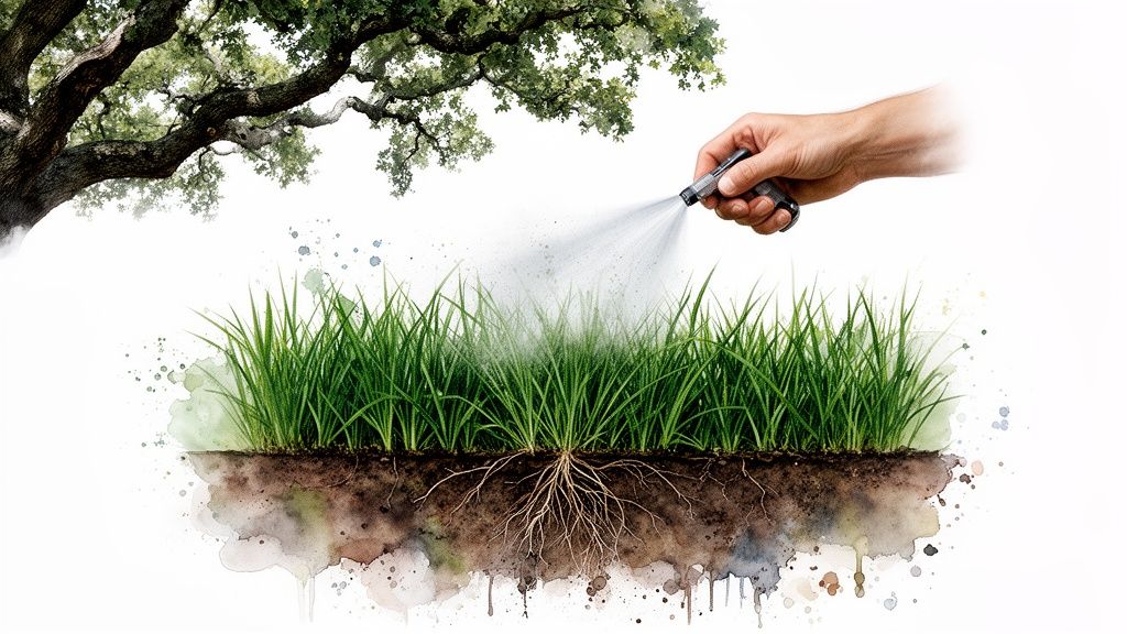 A hand sprays fertilizer on a cross-section of green grass with roots, beneath a leafy tree.