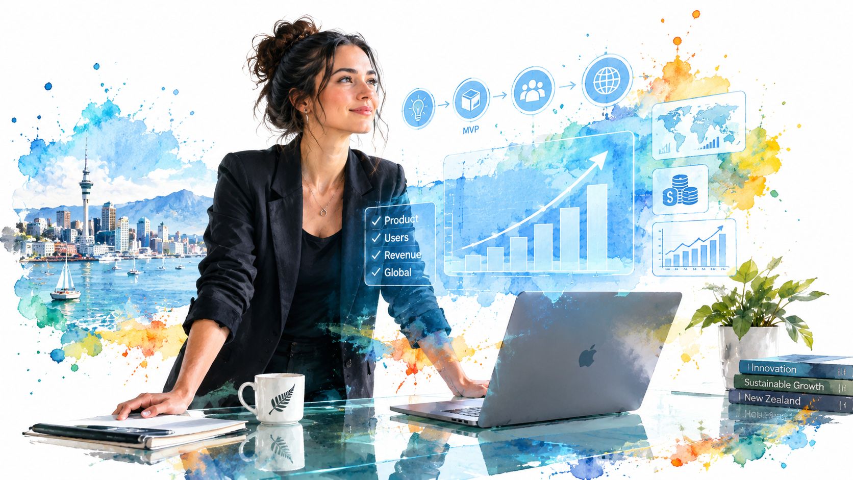 A professional woman planning business growth strategy with digital financial charts and charts in a modern office.