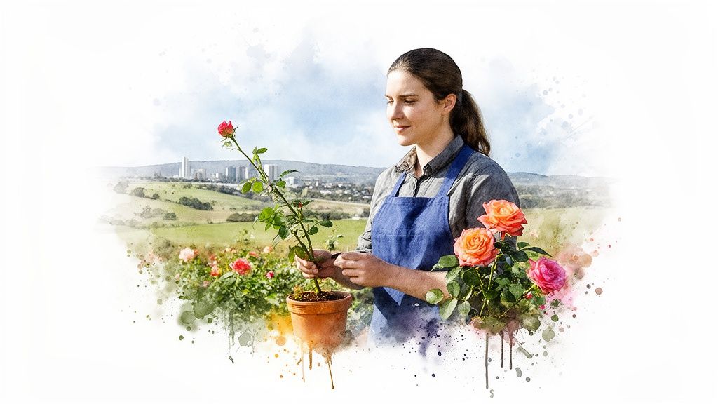 Woman in an apron tends to a potted rose plant with a watercolor effect, city skyline background.
