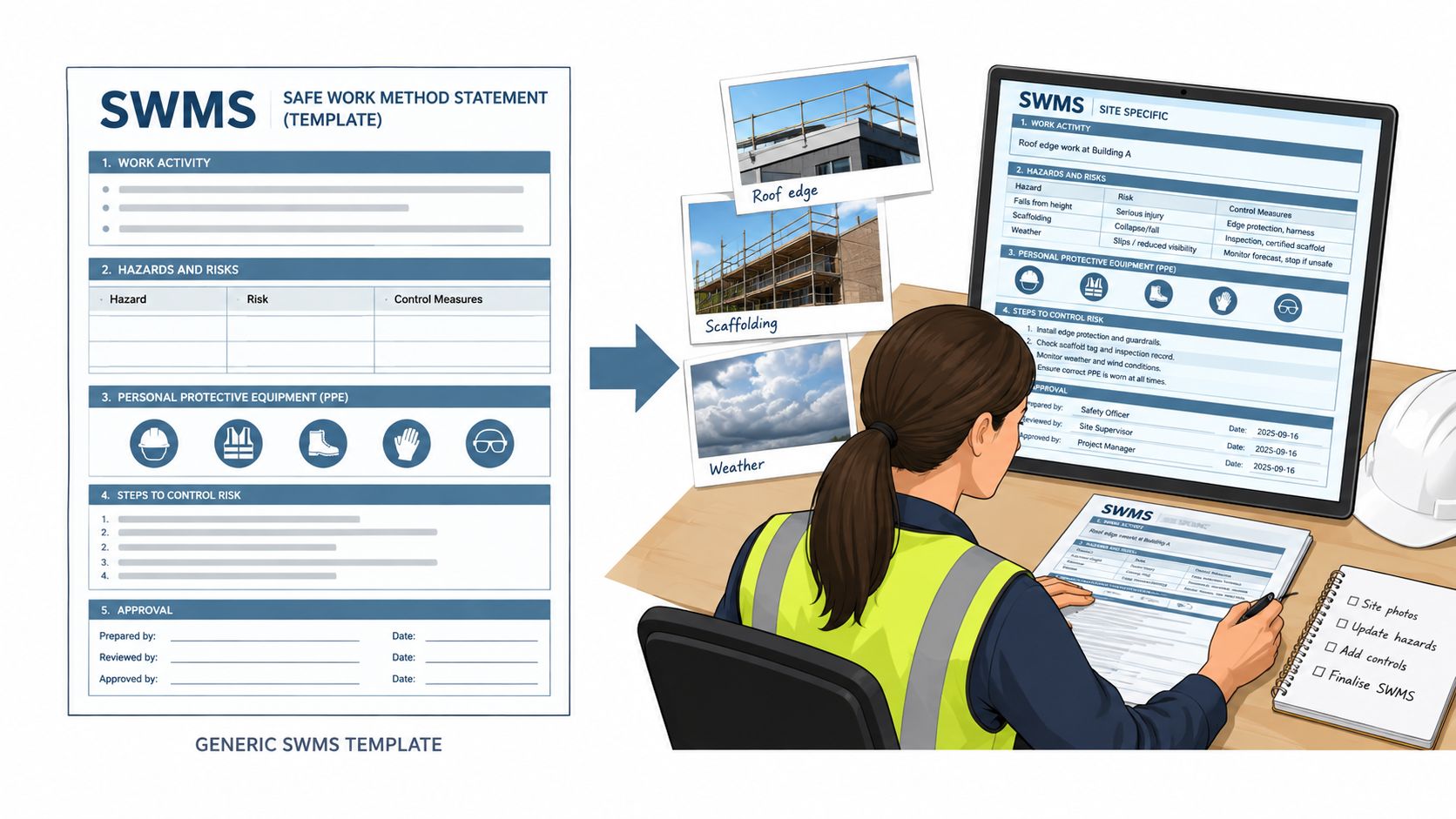 A professional developing a site-specific Safe Work Method Statement for working at heights in a construction setting.