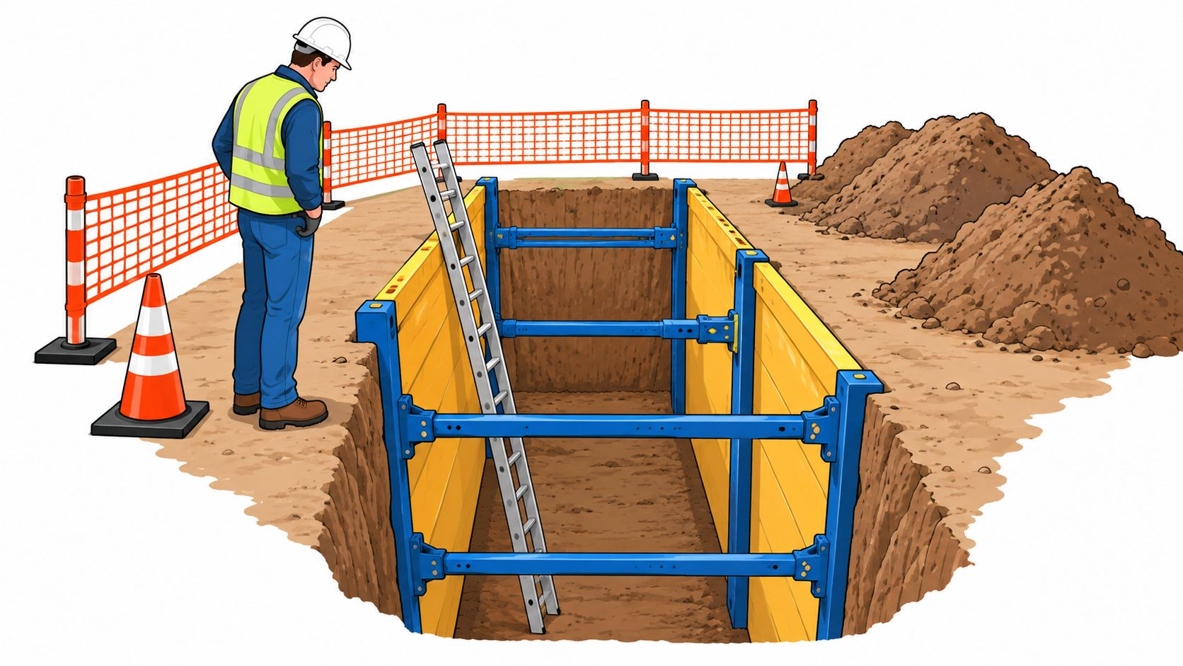 A construction worker observing a deep trench excavation site secured with yellow shoring panels and metal braces.